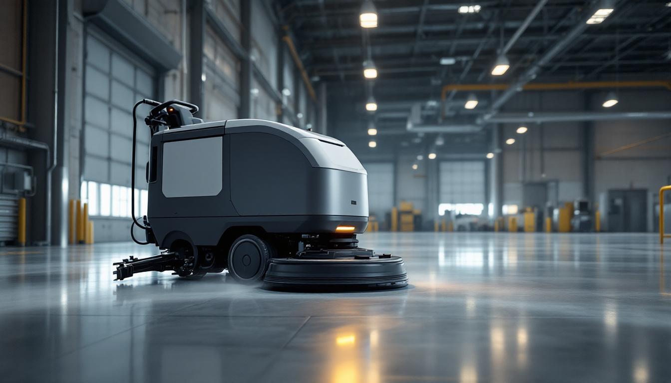 A photograph of a sleek industrial robotic floor scrubber in action within a large commercial space