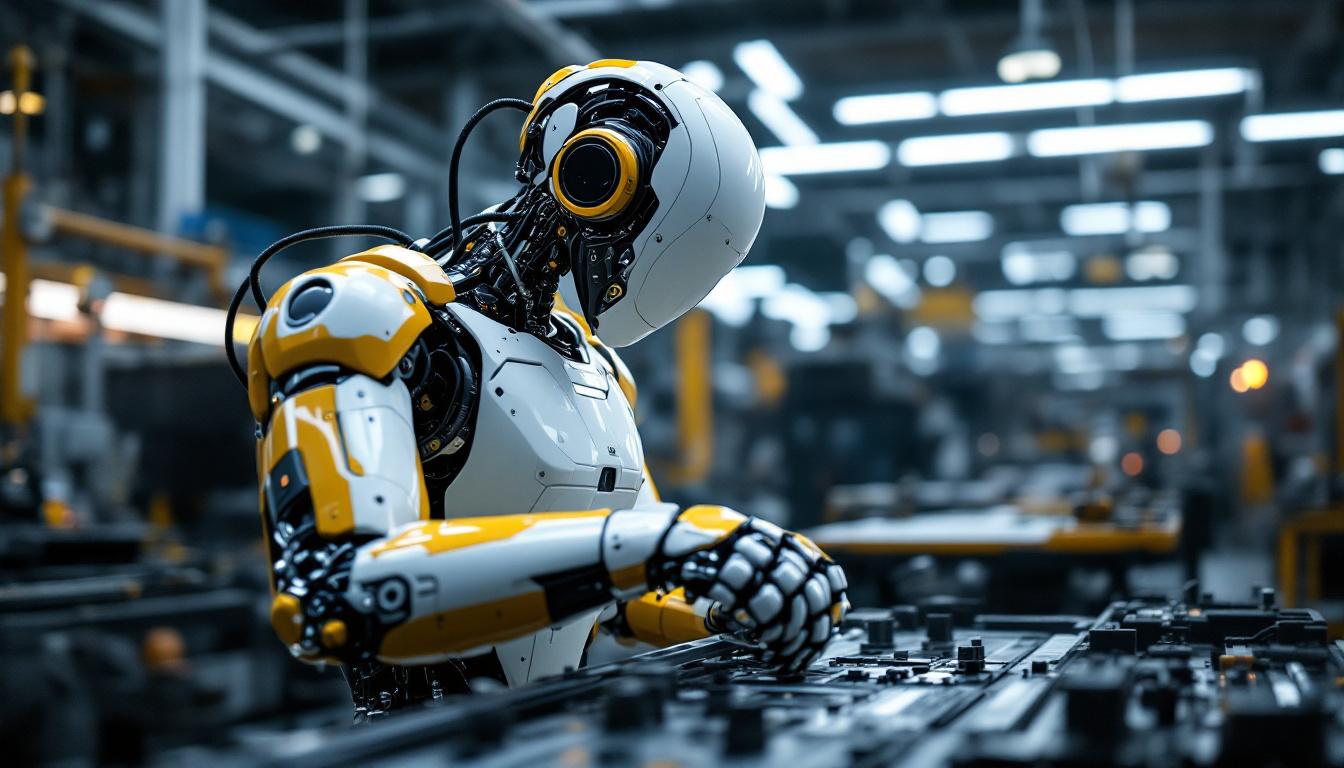 A photograph of a sleek industrial robot in action within a modern manufacturing environment