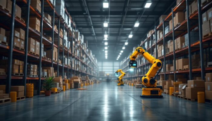 A photograph of a modern warehouse environment showcasing industrial robots in action