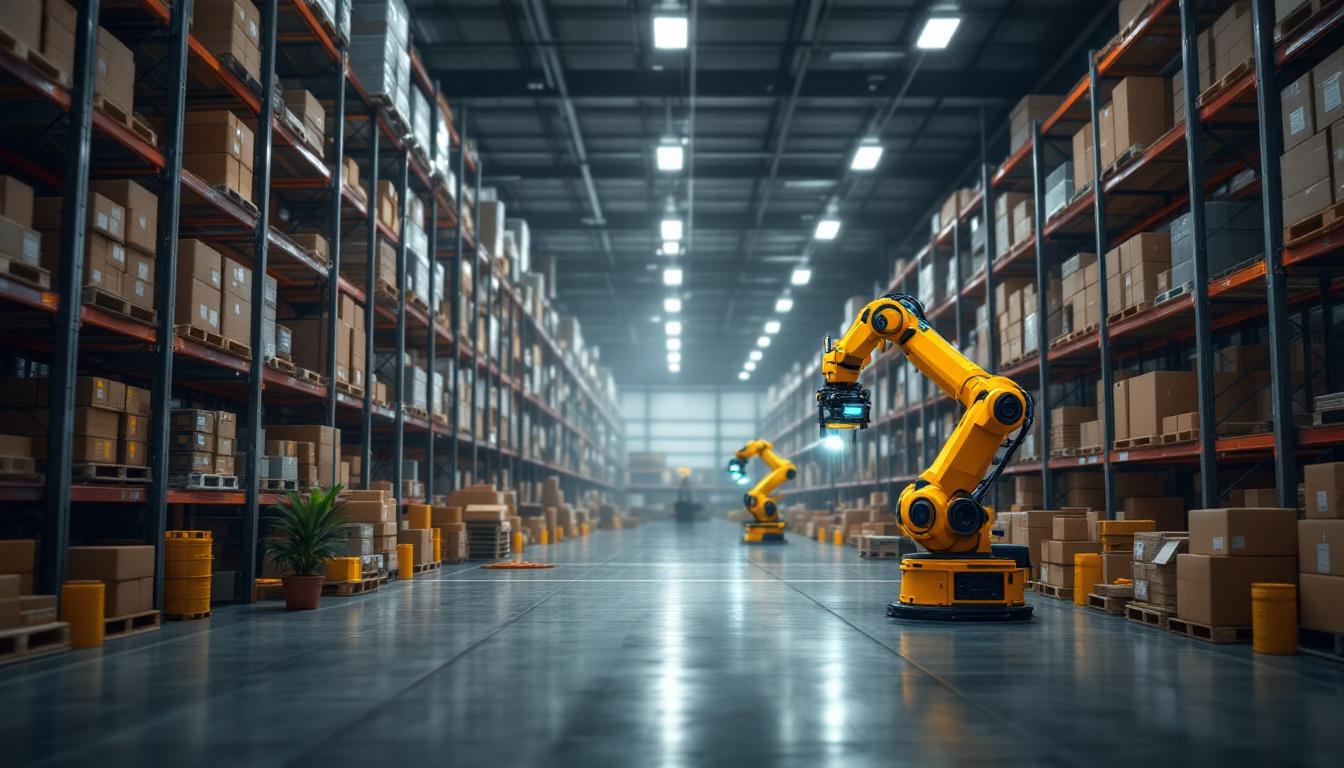 A photograph of a modern warehouse environment showcasing industrial robots in action