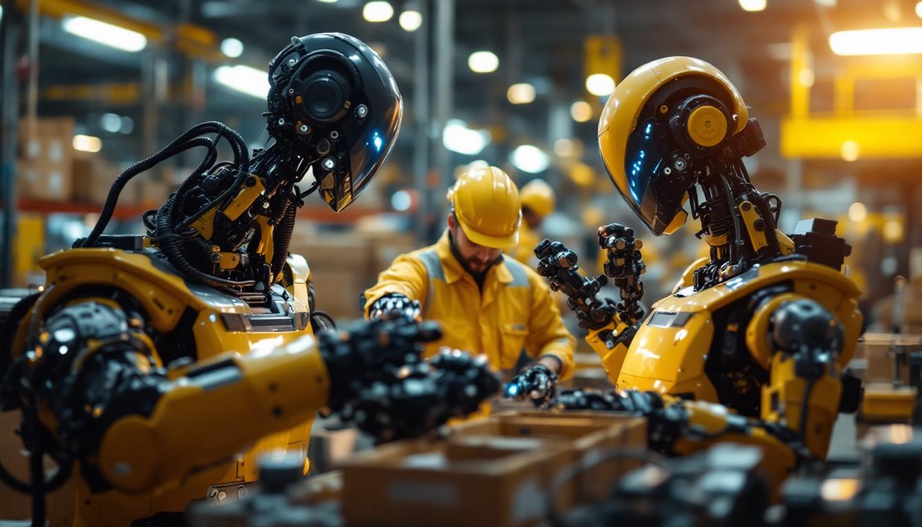 A photograph of a bustling warehouse environment showcasing industrial robots in action