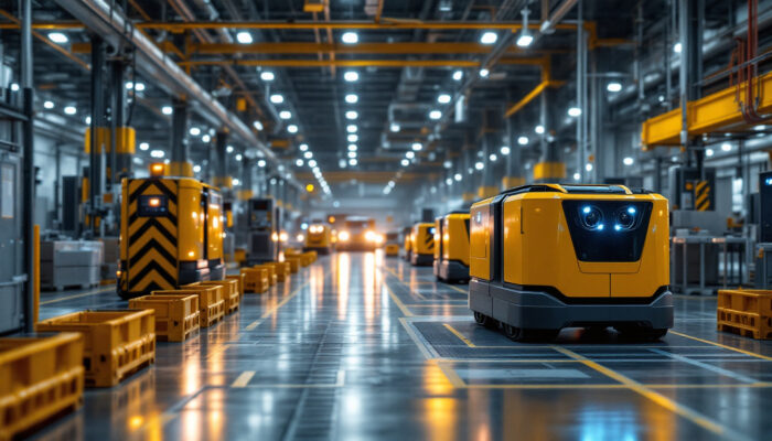 A photograph of a modern industrial environment showcasing various types of automated guided vehicles (agvs) in action