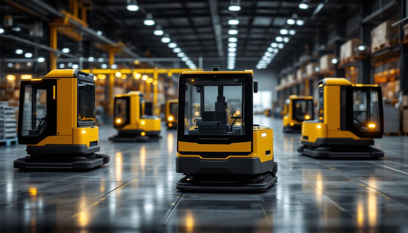 A photograph of a variety of automated guided vehicles (agvs) in an industrial setting