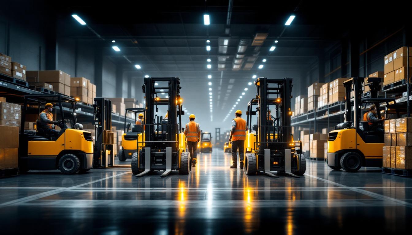 A photograph of a modern warehouse setting featuring a variety of forklifts in action