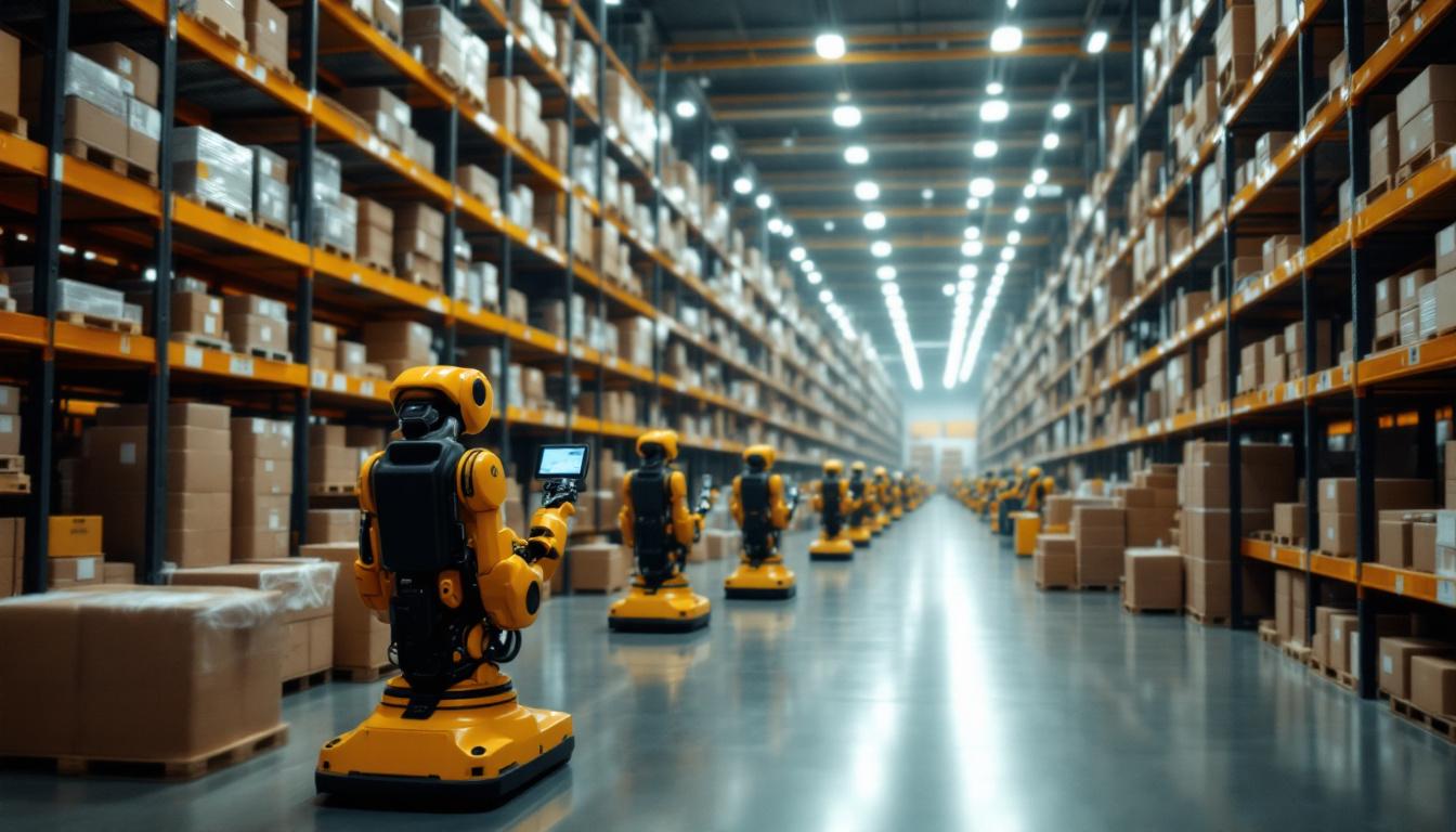 A photograph of a bustling warehouse scene showcasing industrial robots efficiently organizing and transporting goods among shelves