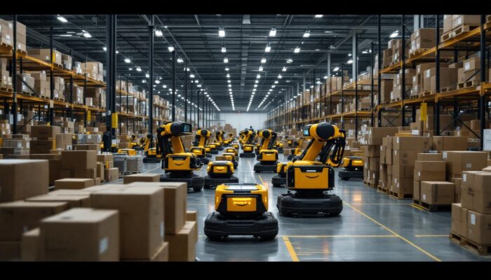 A photograph of a bustling amazon fulfillment center showcasing kiva robots in action