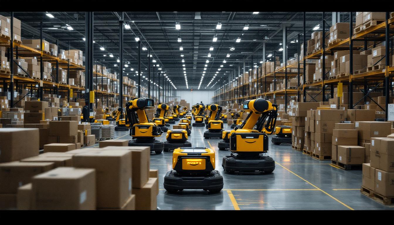 A photograph of a bustling amazon fulfillment center showcasing kiva robots in action