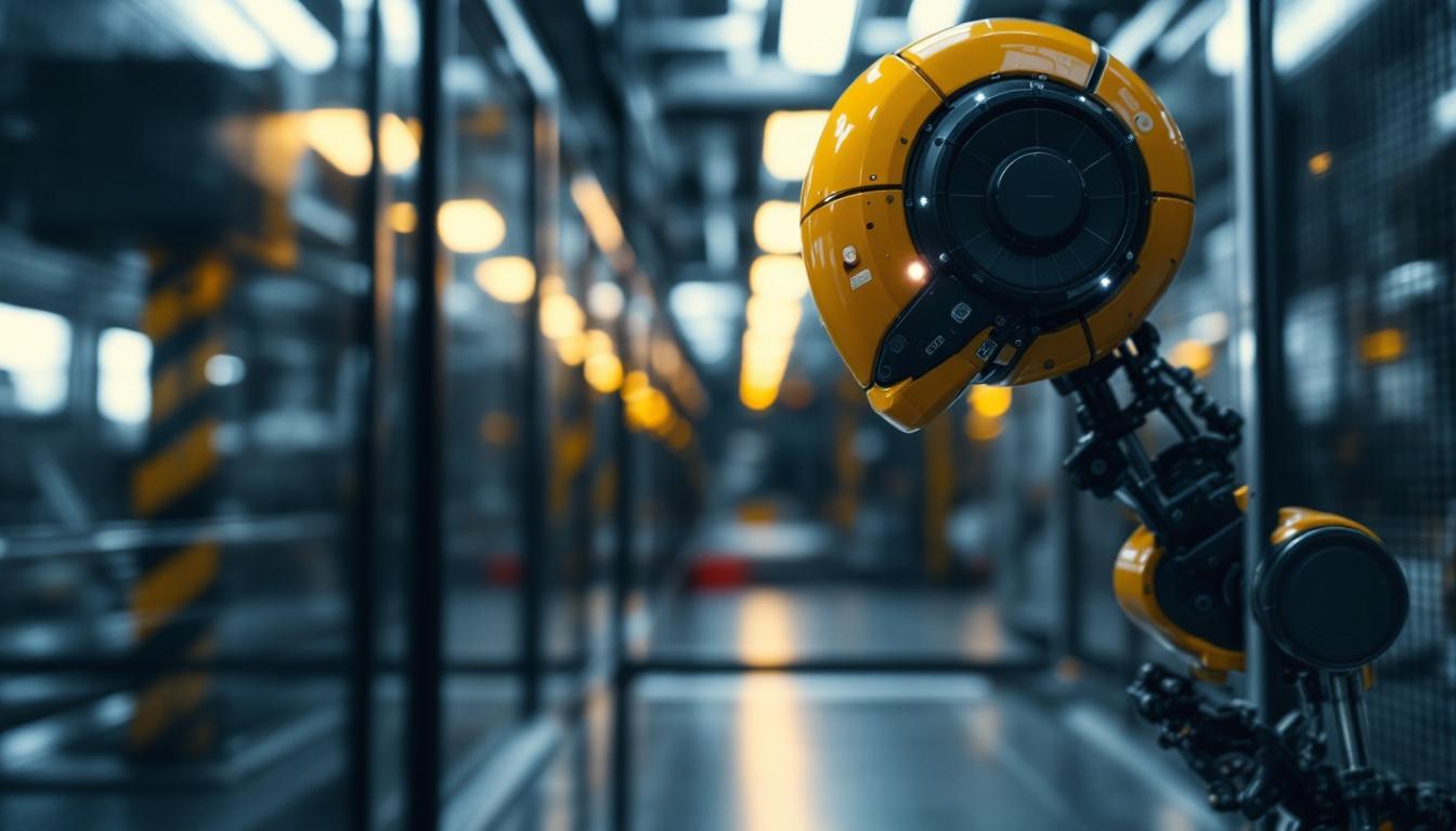 A photograph of capture a photograph of an industrial robot in action within a secure facility
