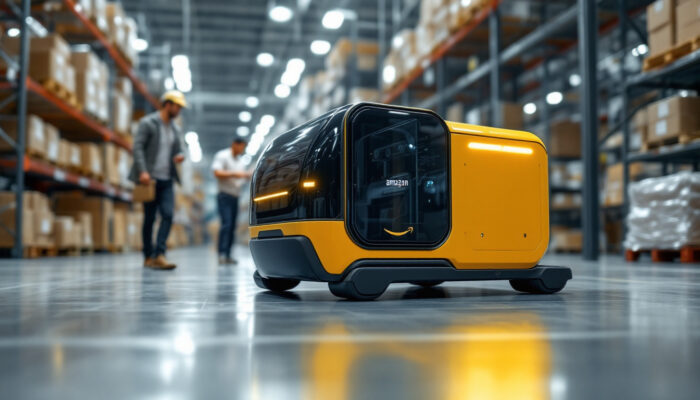 A photograph of a sleek amazon delivery pod robot in action within a bustling warehouse environment