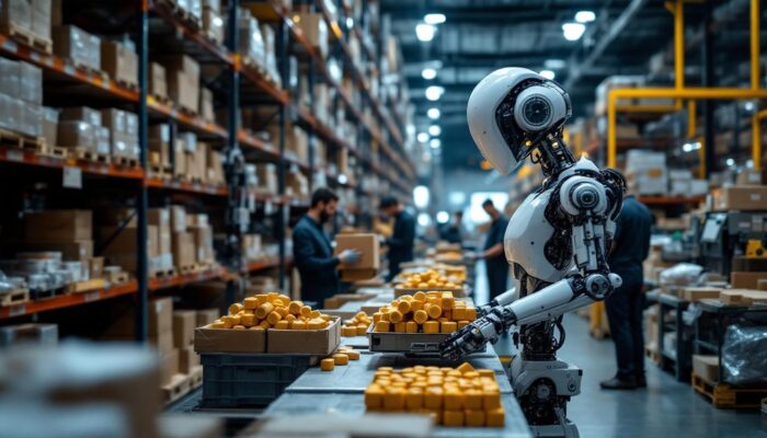A photograph of a state-of-the-art robotic picking system in action within a bustling warehouse environment