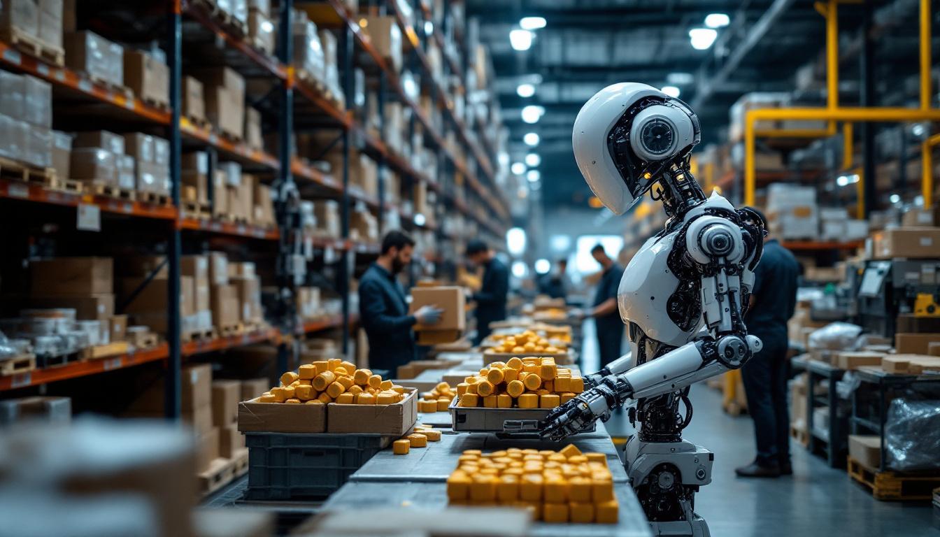 A photograph of a state-of-the-art robotic picking system in action within a bustling warehouse environment