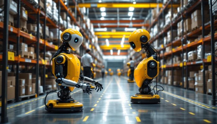 A photograph of a bustling warehouse interior showcasing advanced industrial robots in action