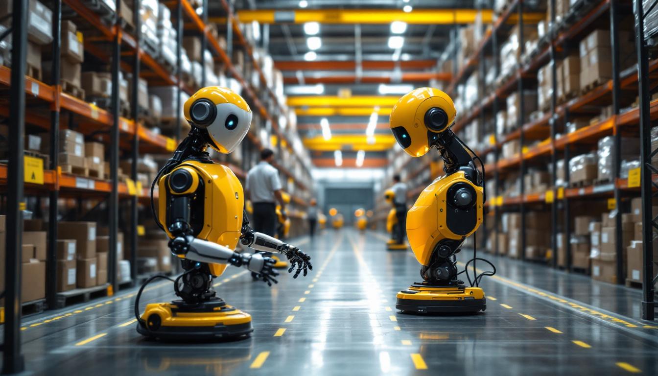 A photograph of a bustling warehouse interior showcasing advanced industrial robots in action