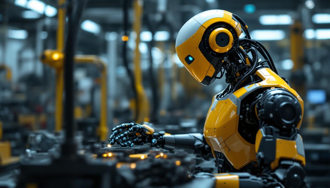 A photograph of a sleek industrial robot in action within a manufacturing environment