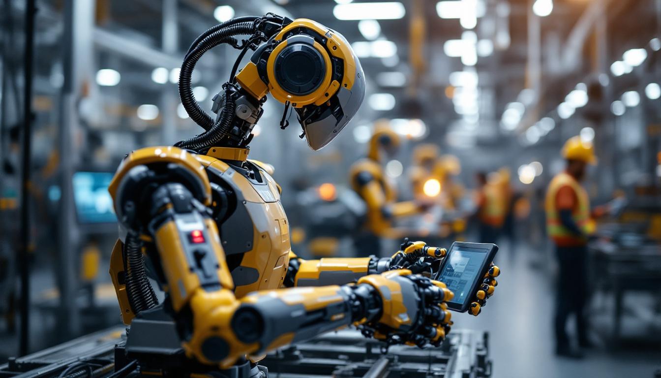 A photograph of a modern industrial robot in action within a manufacturing environment