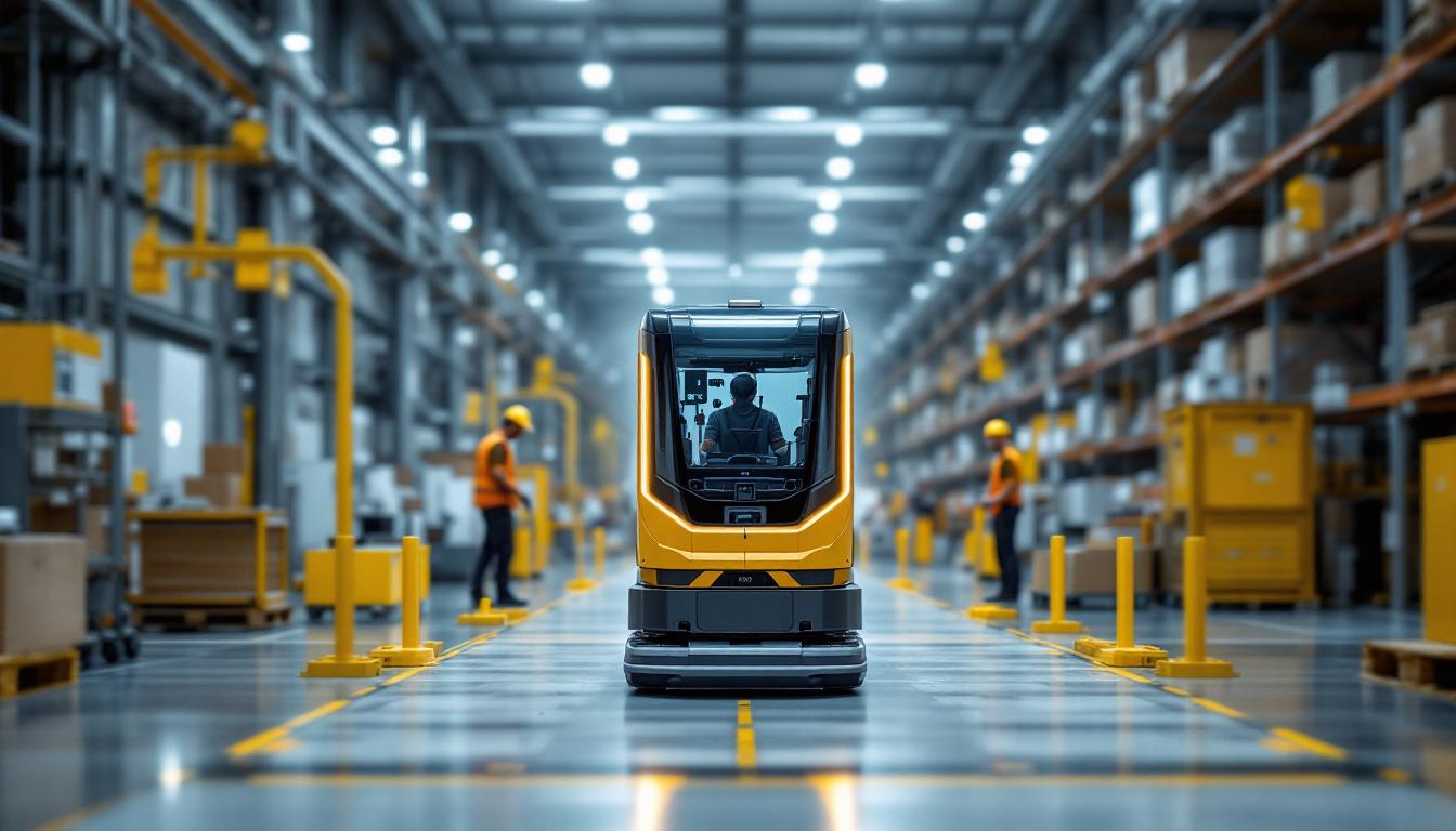 A photograph of capture a photograph of an automated guided vehicle (agv) navigating through a modern industrial warehouse