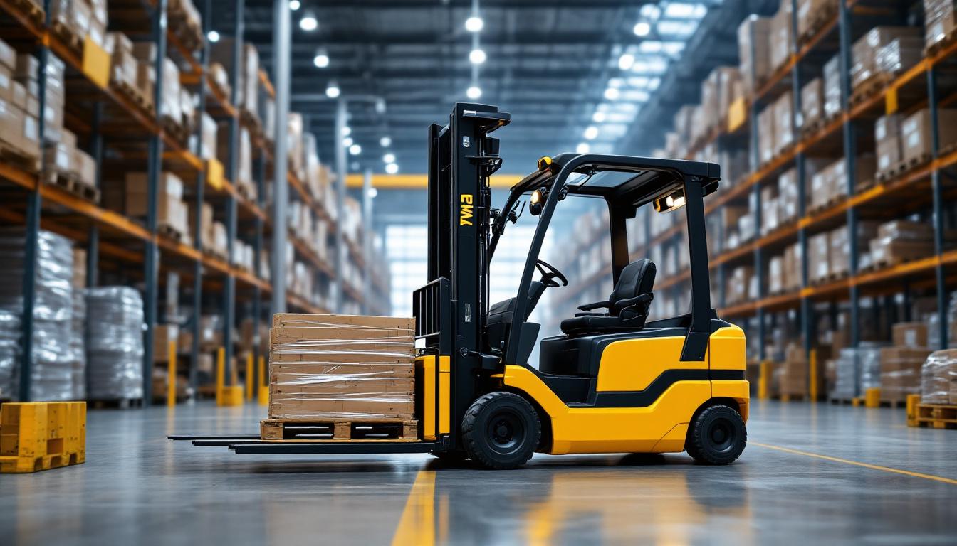 A photograph of a vna forklift truck in action within an industrial warehouse setting