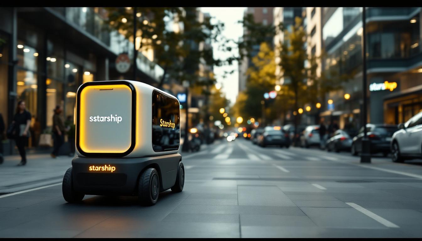 A photograph of a starship delivery robot navigating a modern urban environment