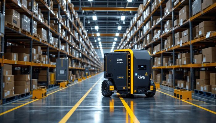 A photograph of a kiva system robotic unit in action within an amazon fulfillment center