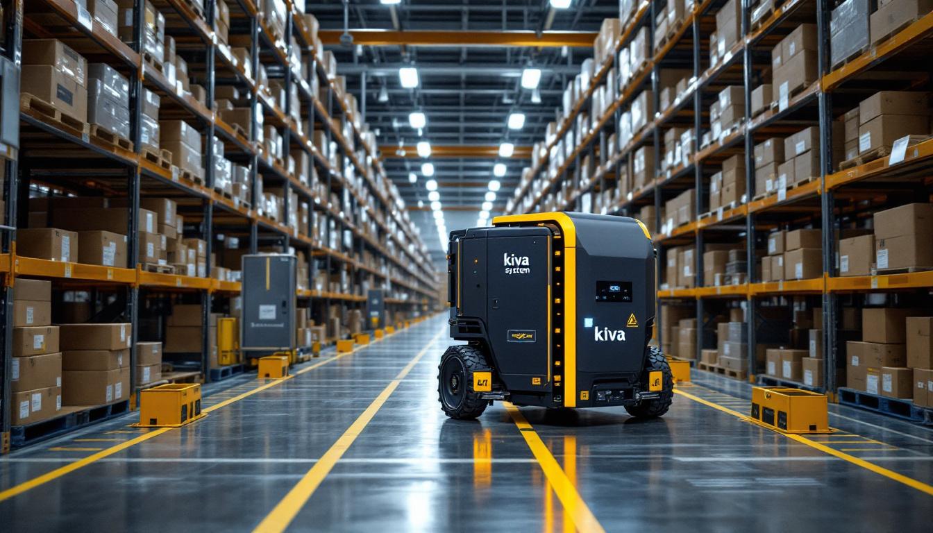 A photograph of a kiva system robotic unit in action within an amazon fulfillment center