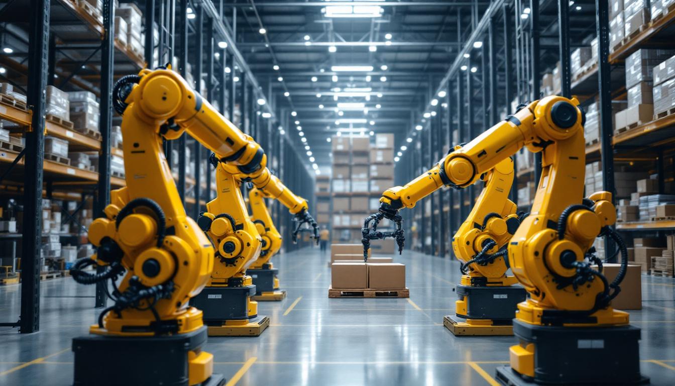 A photograph of a modern warehouse environment showcasing industrial robots in action