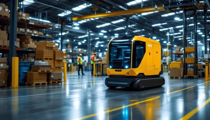 A photograph of capture a photograph of an automated guided vehicle (agv) in a bustling industrial warehouse