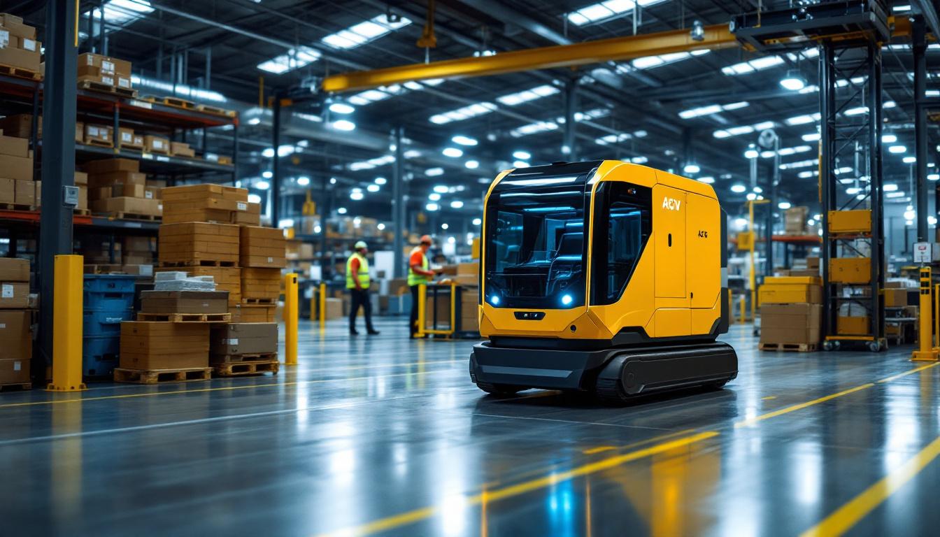 A photograph of capture a photograph of an automated guided vehicle (agv) in a bustling industrial warehouse
