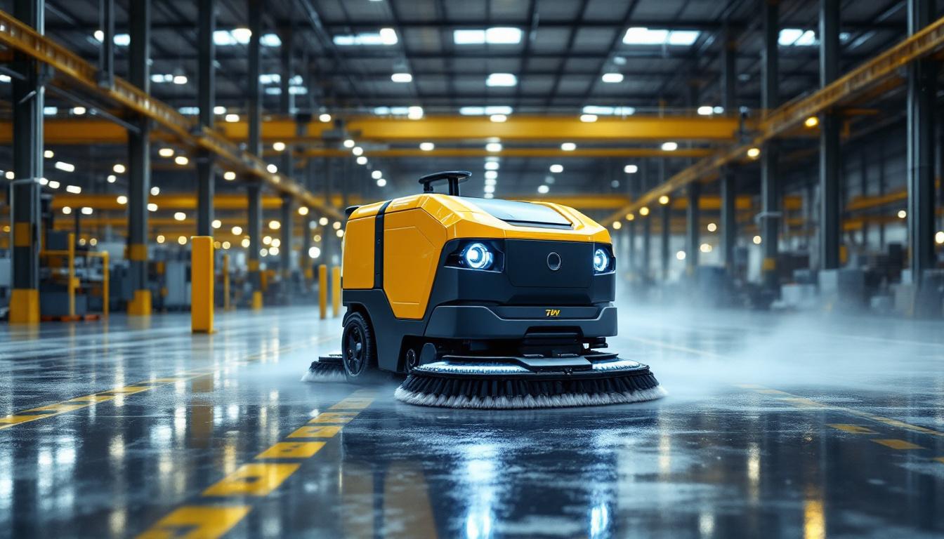 A photograph of an industrial mopping machine in action within a large warehouse or factory setting