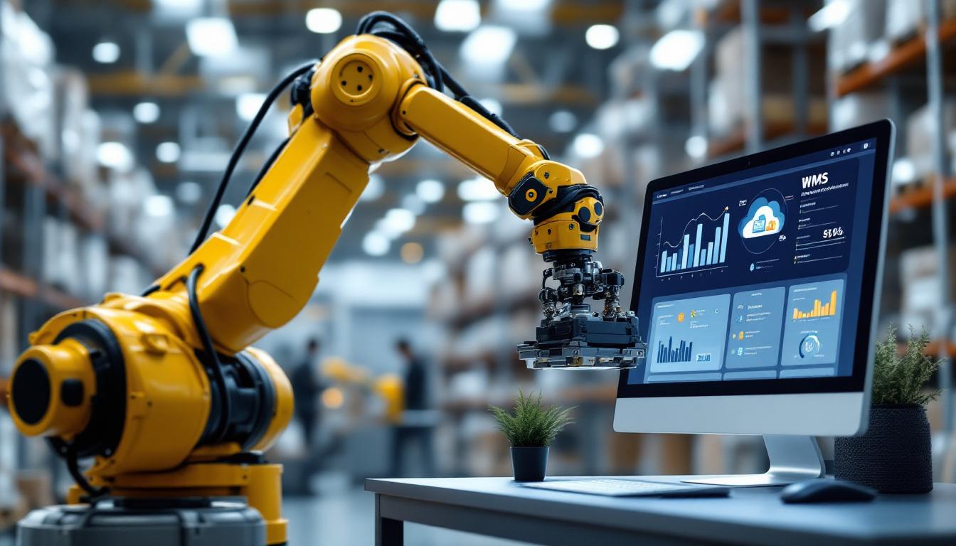 A photograph of a modern warehouse setting showcasing an industrial robotic arm efficiently managing inventory alongside a cloud-based wms interface displayed on a computer screen