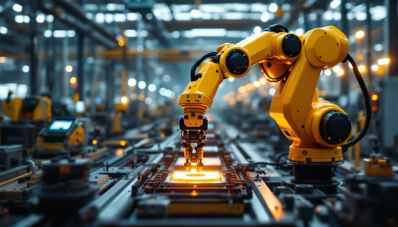 A photograph of a sleek industrial robotic arm in action within a modern manufacturing environment