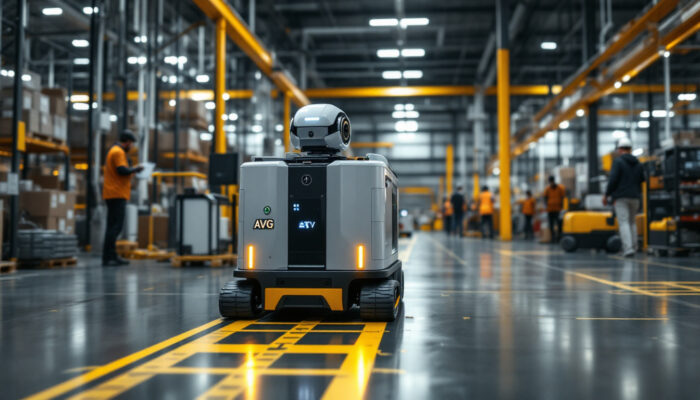 A photograph of a modern industrial setting showcasing an agv (automated guided vehicle) navigating through a warehouse or manufacturing floor