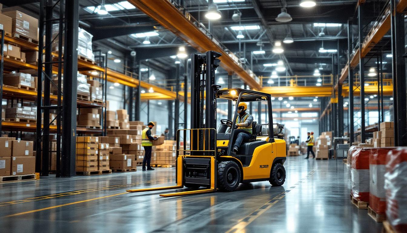 A photograph of a modern warehouse setting featuring an industrial robotic forklift in action