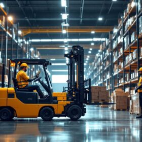 A photograph of a modern industrial setting featuring a robotic forklift in action