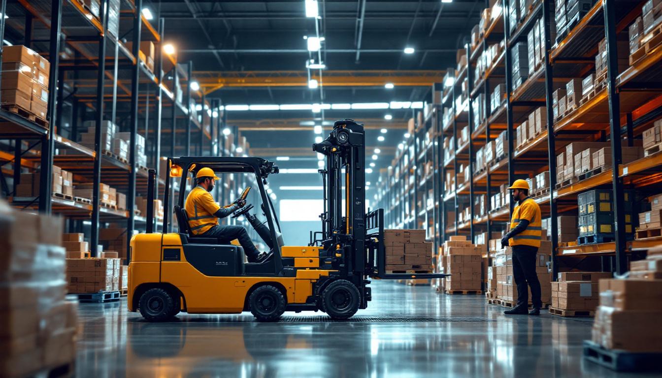 A photograph of a modern industrial setting featuring a robotic forklift in action