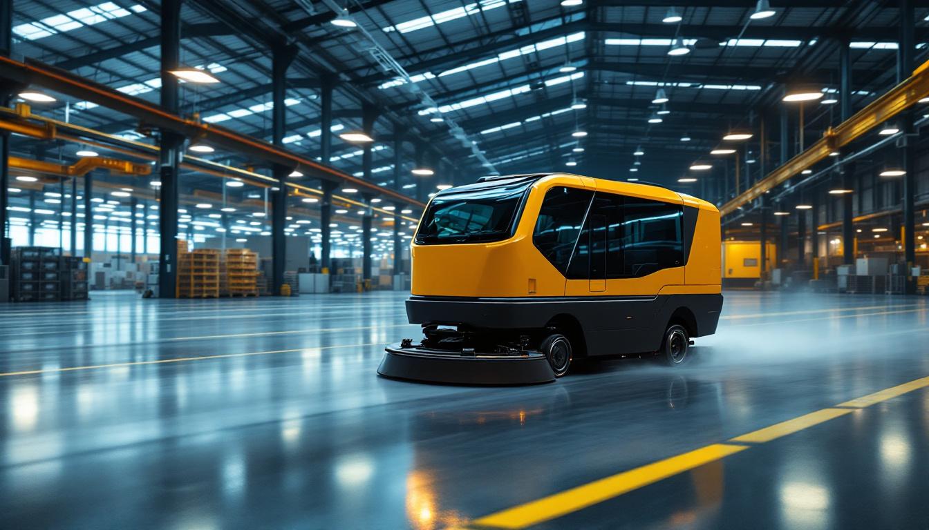 A photograph of a self-driving floor scrubber in action within an industrial setting