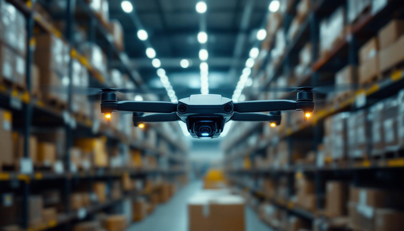 A photograph of a sleek amazon warehouse drone in action