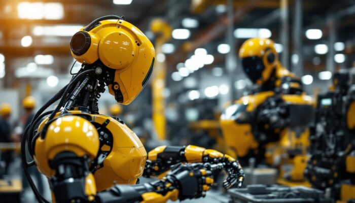 A photograph of a state-of-the-art industrial robot in action within a bustling warehouse or manufacturing environment