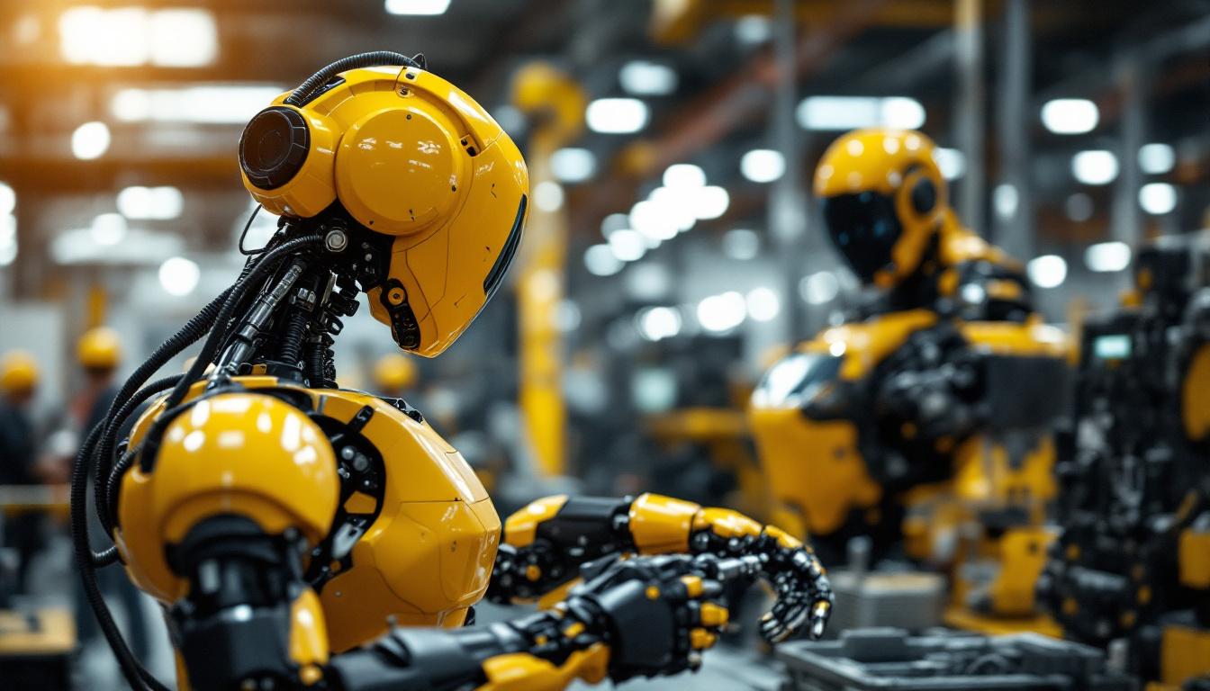 A photograph of a state-of-the-art industrial robot in action within a bustling warehouse or manufacturing environment