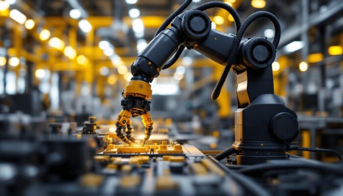 A photograph of a sleek industrial robotic arm in action within a modern manufacturing environment