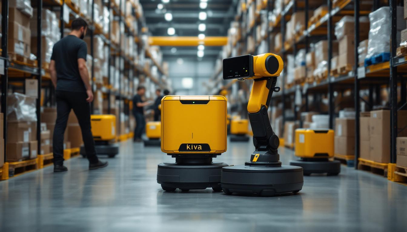 A photograph of a bustling amazon fulfillment center showcasing kiva robots in action