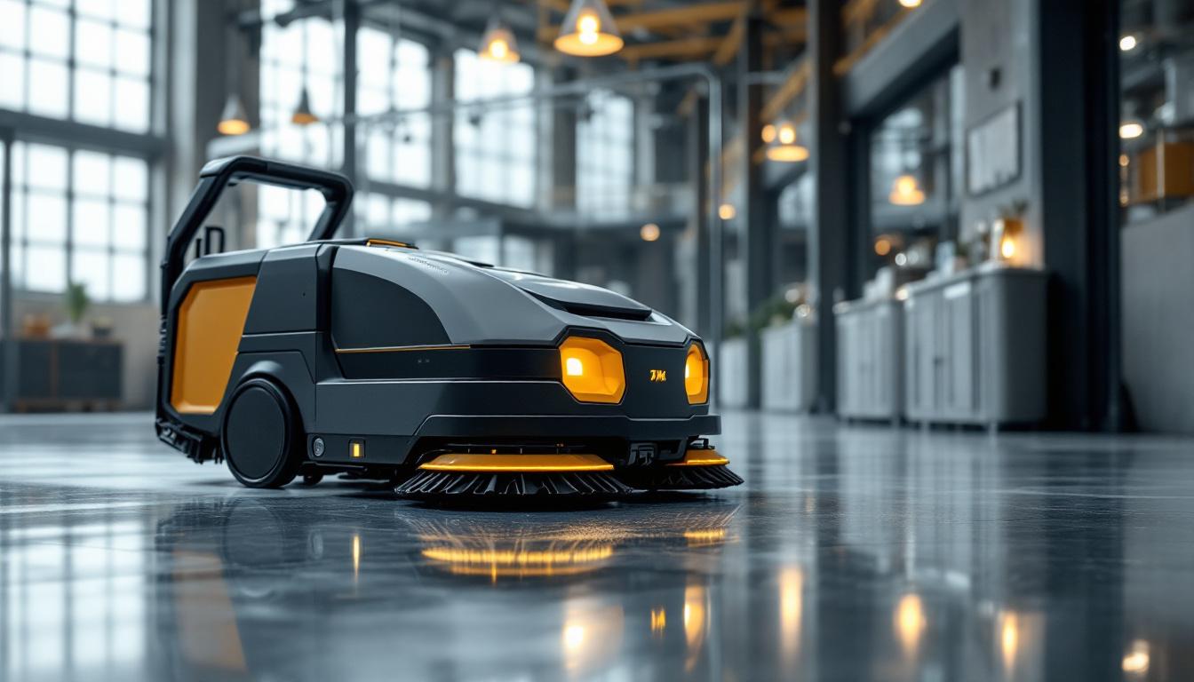 A photograph of a sleek industrial robotic floor cleaning machine in action