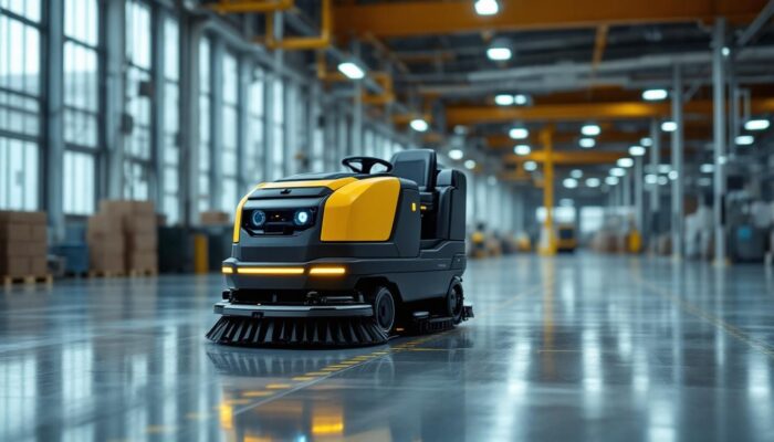 A photograph of a sleek industrial robotic floor scrubber in action