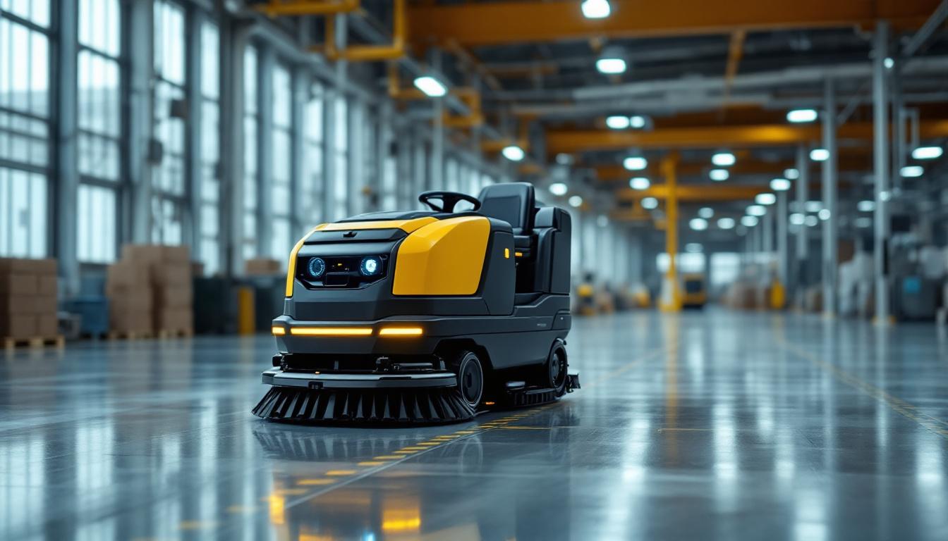 A photograph of a sleek industrial robotic floor scrubber in action
