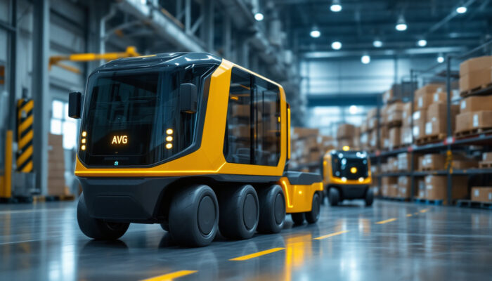 A photograph of a modern agv (automated guided vehicle) towing a load in an industrial setting