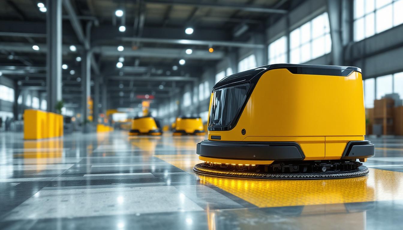 A photograph of a sleek industrial robotic floor machine in action