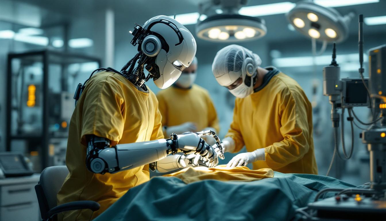 A photograph of a modern healthcare setting featuring an industrial robot assisting medical staff in a surgical or rehabilitation procedure