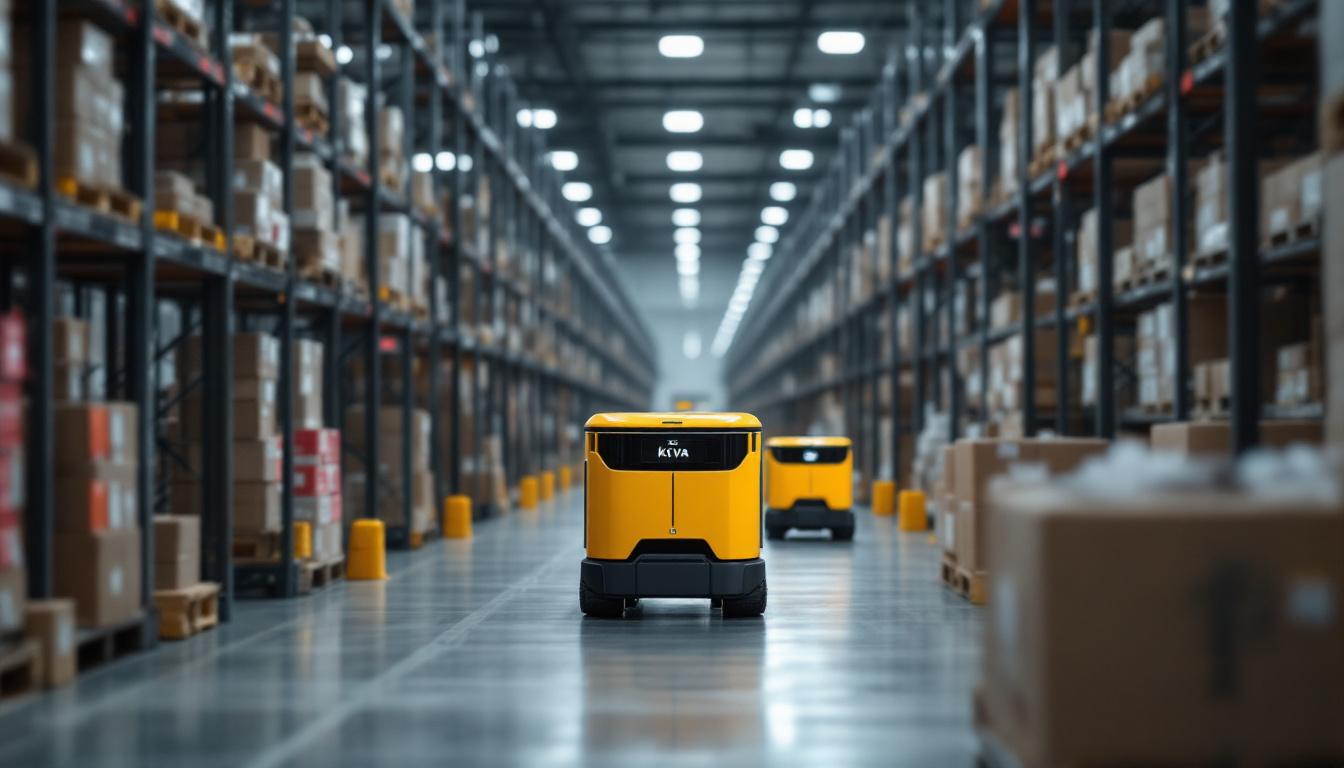 A photograph of a kiva robotic system in action within an amazon fulfillment center