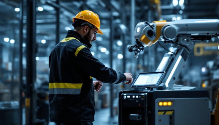 A photograph of a skilled agv (automated guided vehicle) operator interacting with a sleek