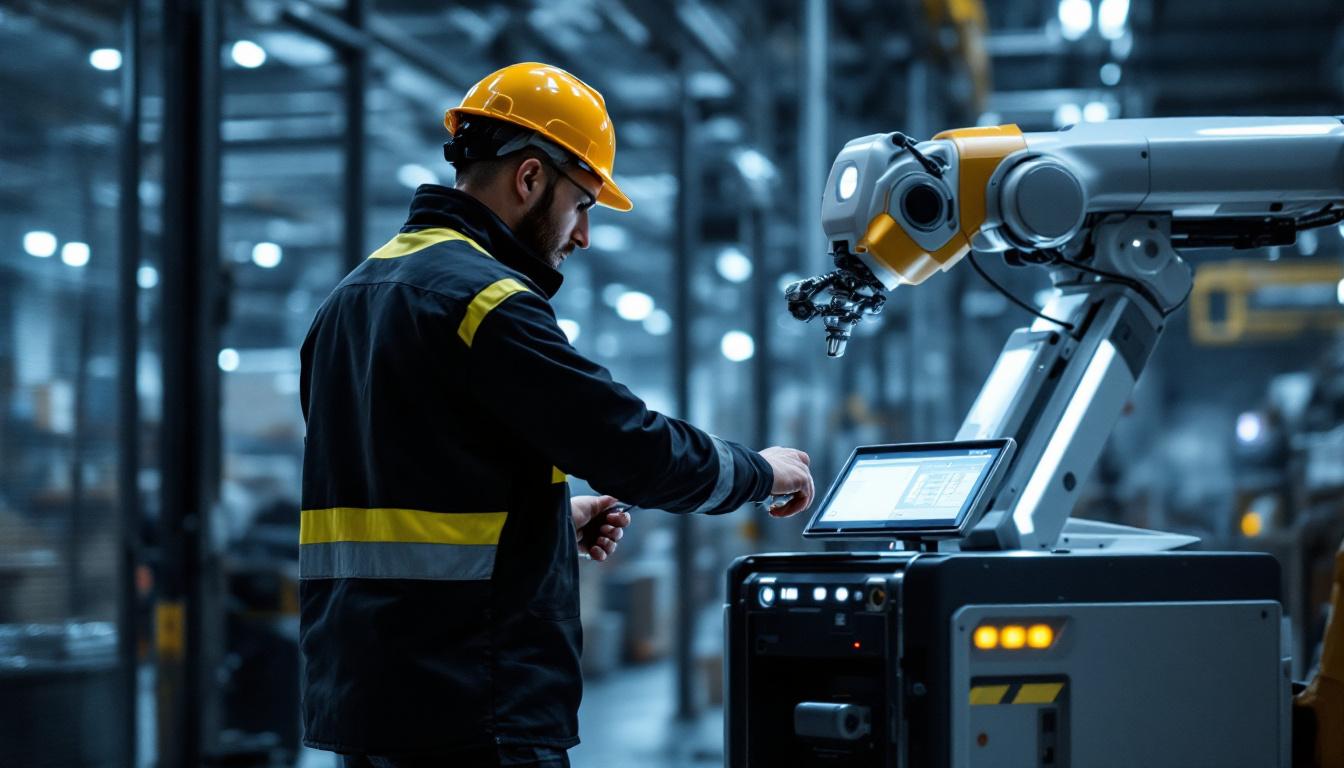A photograph of a skilled agv (automated guided vehicle) operator interacting with a sleek