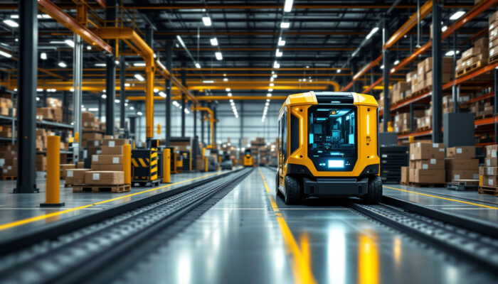 A photograph of a modern industrial setting featuring an automated guided vehicle (agv) in action